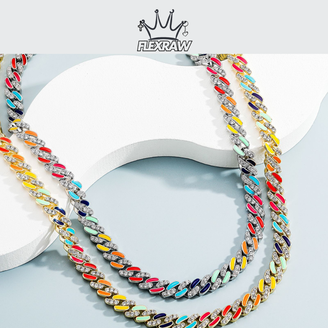 New Colorful Enamel Mixed Cubic Zirconia Cuban Chain Necklace for Men - Hip-Hop Style