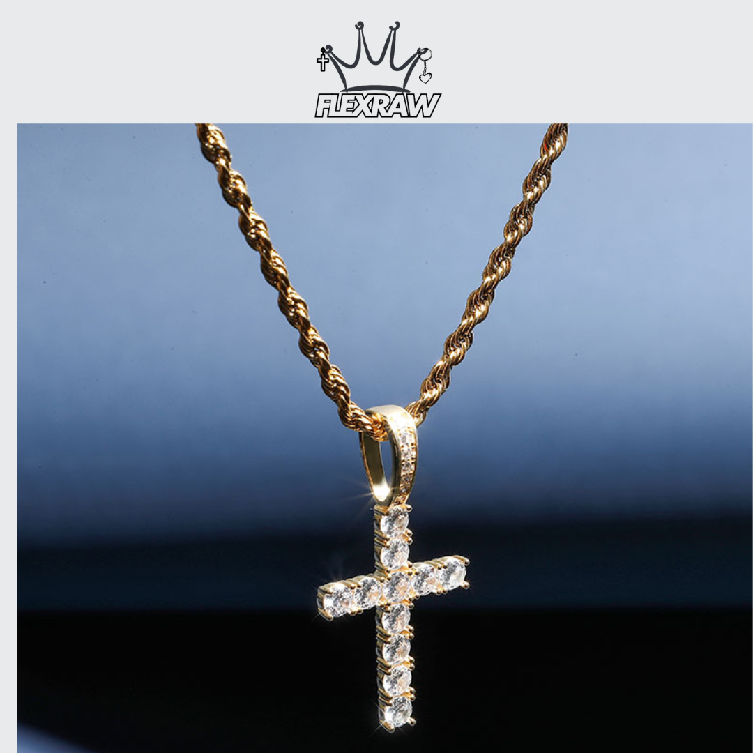 Solid 925 Silver Hip-Hop Necklace with Full Zirconia, Real Gold Plated Cross Pendant Jewelry