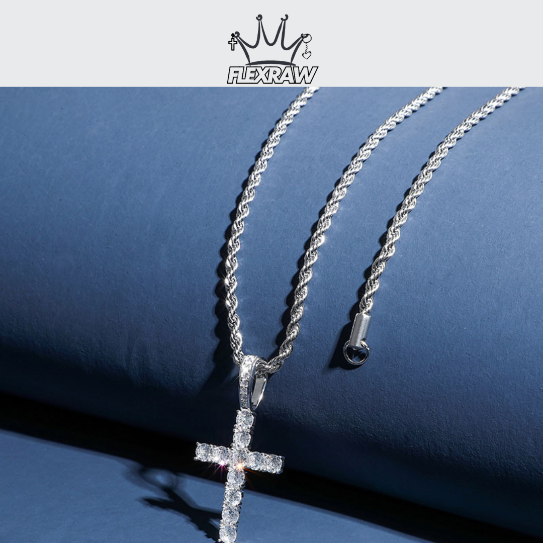 Solid 925 Silver Hip-Hop Necklace with Full Zirconia, Real Gold Plated Cross Pendant Jewelry
