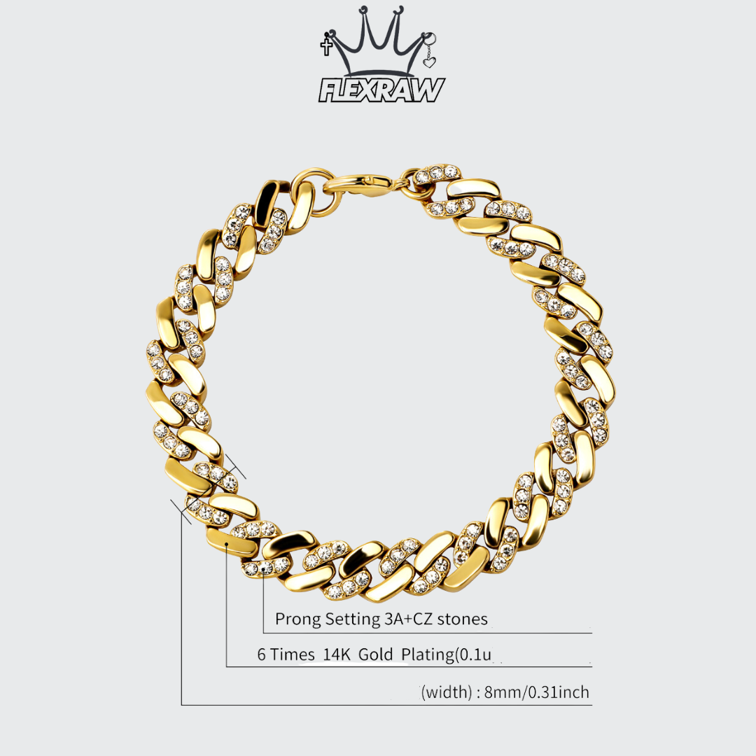 8MM Rhombus Cuban Chain Bracelet with Color-Retaining Design and Rhinestone Accents