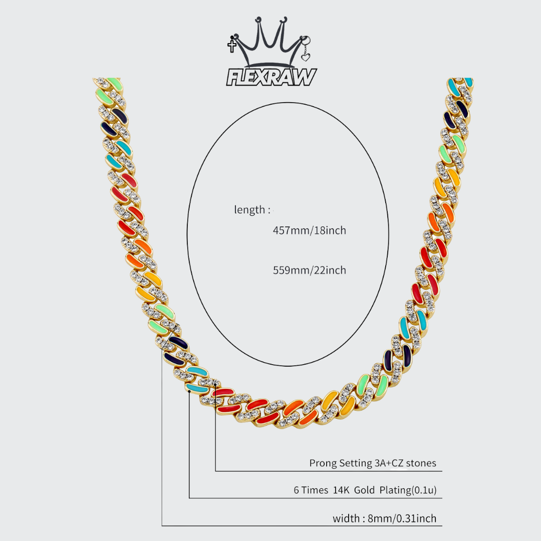 New Colorful Enamel Mixed Cubic Zirconia Cuban Chain Necklace for Men - Hip-Hop Style