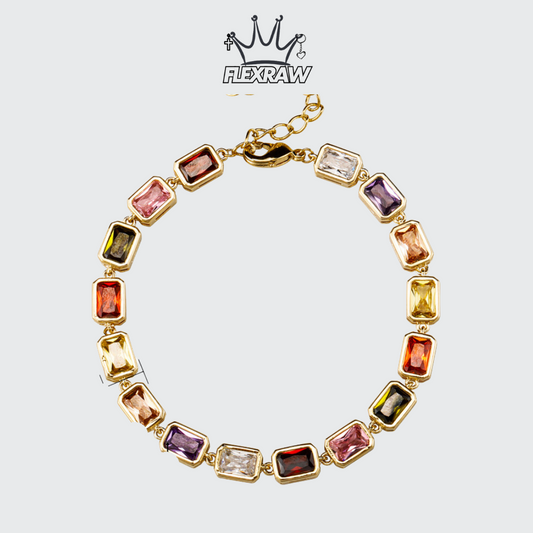 Vintage-Style Bracelet with Irregular-Shaped Colored Stones - Handcrafted Bezel Setting, Featuring Colorful Cubic Zirconia for a Fashionable Retro Look