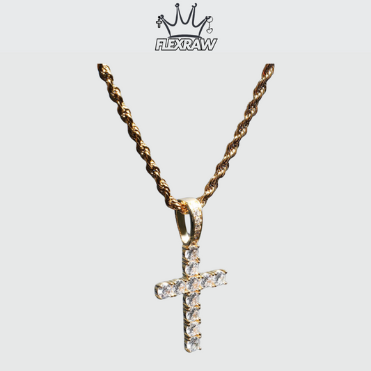 Solid 925 Silver Hip-Hop Necklace with Full Zirconia, Real Gold Plated Cross Pendant Jewelry